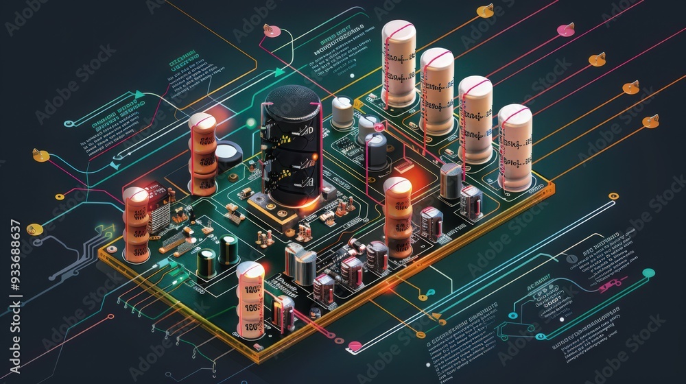Poster detailed illustration of a basic amplifier circuit, including input and output stages and how it boo