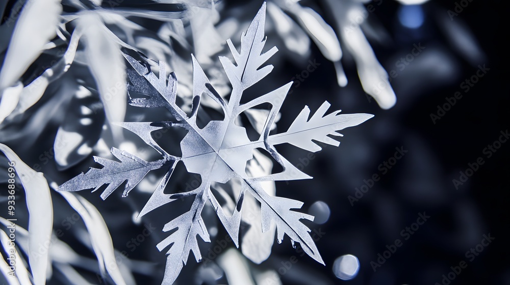 Poster close-up of a delicate, paper snowflake with a blurred background.