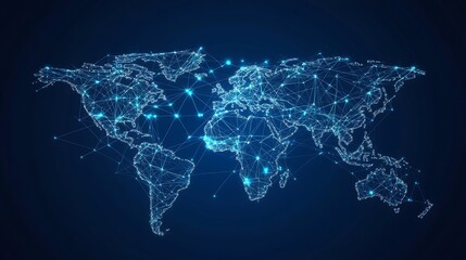 A digital world map with glowing connections representing global network, communication, and technology.