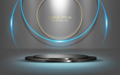 glowing and elegant curve blue lines and golden ring, decorative black podium  digital geometric luxury presentation and product display background and award banner vector illustration.