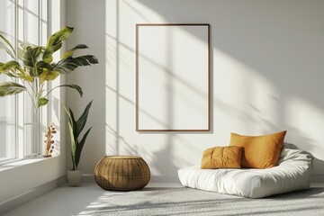 Wall art empty picture frame mockup on wooden desk, wall, table. Vase with olive branches, cactus. Elegant working space, home office concept.