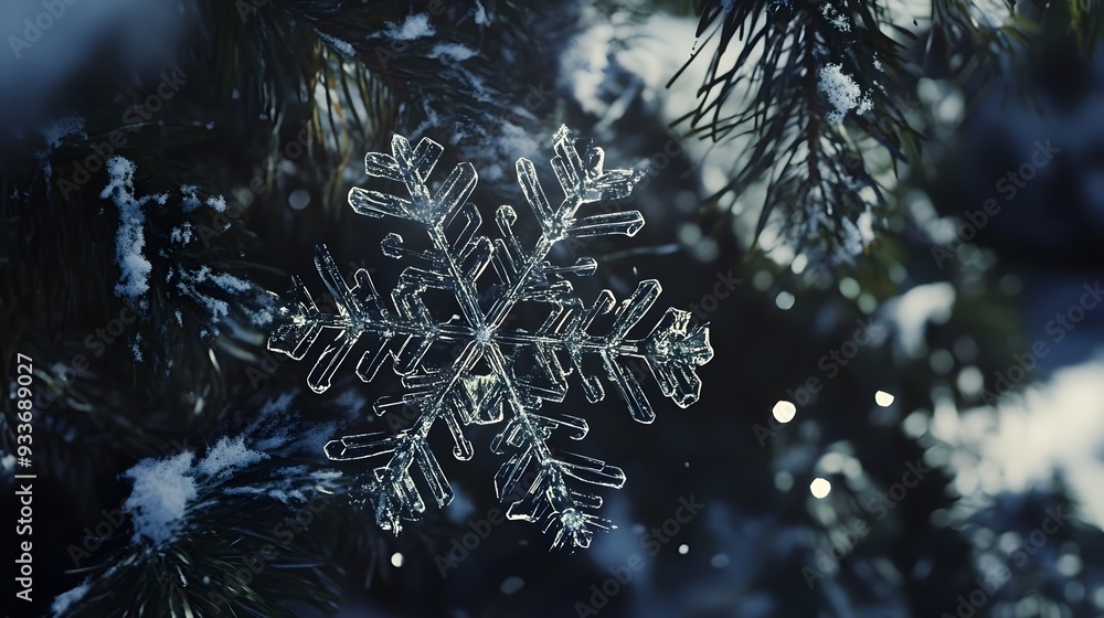 Poster a delicate snowflake rests on a pine branch, its intricate details visible against a backdrop of win