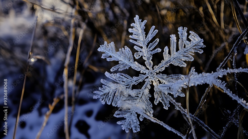 Poster a delicate snowflake-like ice crystal forms on a branch.
