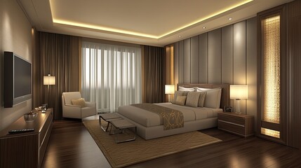 A cozy master bedroom featuring gray walls, wooden floors, a large bed, and a wall-mounted TV, creating a comfortable retreat for relaxation