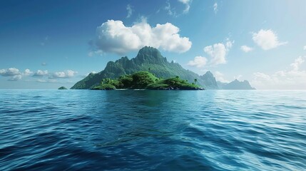 Tropical Island with Lush Green Foliage and Blue Ocean - 3D Illustration