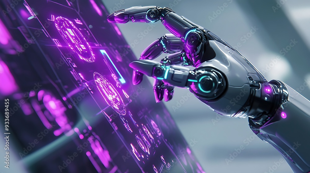 Poster futuristic robot with one hand controlling virtual display in neon purple and gray on white backgrou