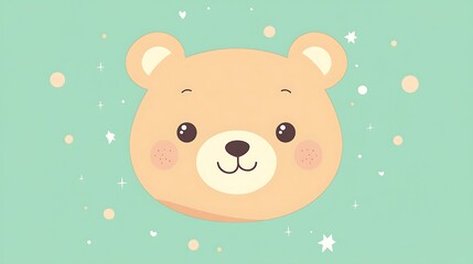 Adorable Bear Face in Kawaii Style on Pastel Green Background - Vector Illustration with Simple 2D Design Elements