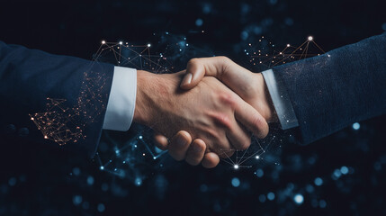 Digital Business Deal , A professional handshake between two businesspeople, with digital overlays of global network links and stock market graphs.