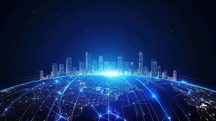Obraz premium Stunning Blue Gradient Background with City Skyline on Earth’s Horizon, Night Sky, and Digital Technology Elements in High-Resolution Vector Illustration of Global Network and Urban Development