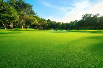 Naklejka premium Lush green golf course surrounded by trees under a bright blue sky.