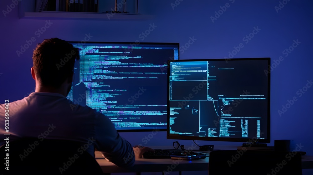 Poster a man sits in front of two monitors filled with code.