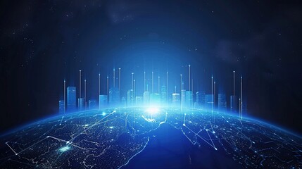 Stunning Blue Gradient Background with City Skyline on Earth’s Horizon, Night Sky, and Digital Technology Elements in High-Resolution Vector Illustration of Global Network and Urban Development