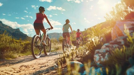 Fototapeta premium Group of cyclists riding on a scenic mountain trail during a sunny day, surrounded by lush nature and breathtaking landscapes.