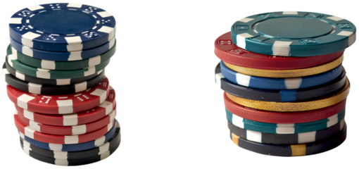High Stakes: Two towering stacks of colorful poker chips stand ready for a night of high-stakes gambling, isolated on transparent background.