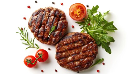 Grilled hamburger patty with rosemary and tomatoes on white background
