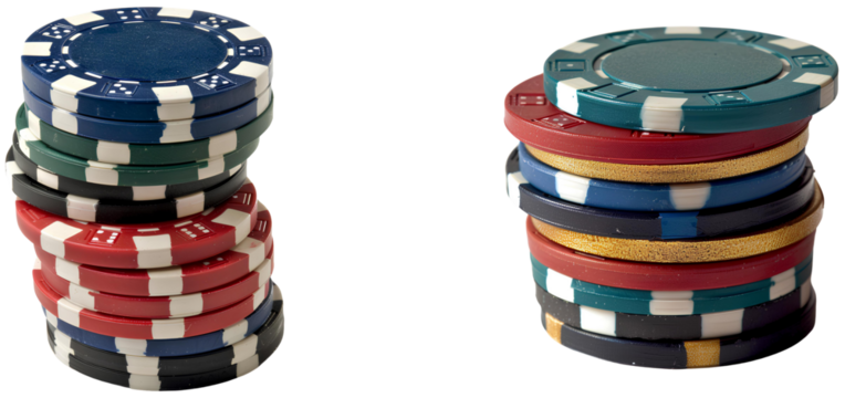 High Stakes: Two towering stacks of colorful poker chips stand ready for a night of high-stakes gambling, isolated on transparent background. - Powered by Adobe