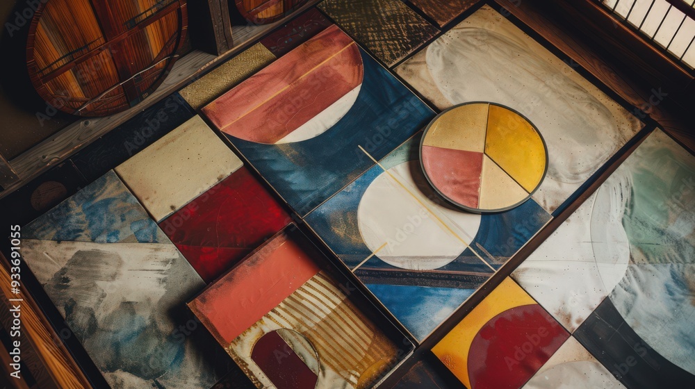 Poster discuss the use of geometric shapes and patterns in achieving a japandi aesthetic