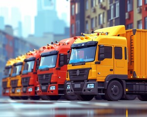 Large trucks on the way and in the parking lot. Transport delivery, cargo transportation, logistics. The concept of a cargo delivery service.