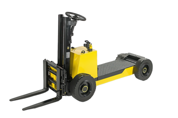 A yellow electric forklift designed for efficient material handling in warehouses and industrial settings.