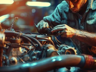 Obraz premium Mechanic working diligently on car engine, showcasing focused hands in a workshop with warm ambient lighting.