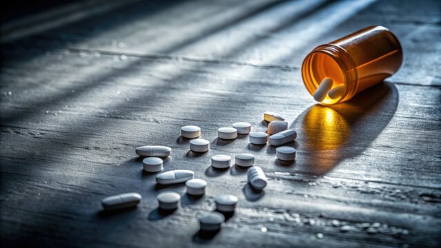 Pills scattered on a table with a faint trace of a prescription label, surrounded by somber shadows, highlighting the devastating reality of the opioid crisis.
