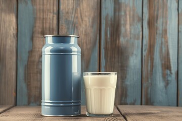 A glass of milk near a metal can on a wooden table. Farm product.