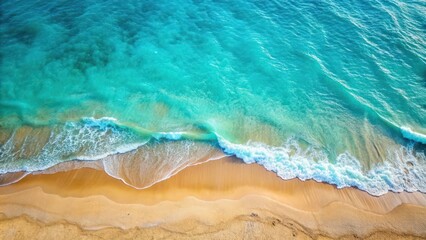 Top view of turquoise sea with gentle waves rolling onto sandy beach in summer , turquoise, sea, water, waves, beach, summer