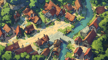 Top-down view of a small medieval village with wooden buildings, grey stone houses, and bridges over a river. Fantasy retro cartoon style