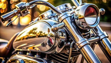 Fototapeta premium Polished chrome handlebars, sleek black leather seat, and gleaming engine components form a stunning close-up composition of a powerful motorcycle's intricate details.