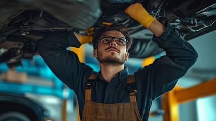 Professional car mechanic wearing glasses inspecting vehicle on an overhead lift in an auto repair shop, hands behind head while working on car maintenance. High-quality image capturing detailed autom