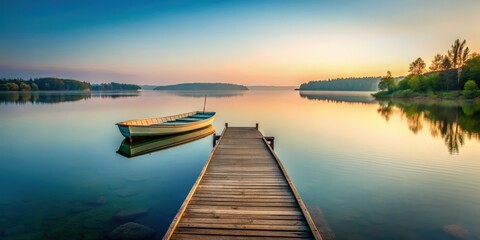 Fototapeta premium Small dock with boat on serene lake , dock, boat, water, peaceful, tranquil, relaxation, nature, reflection, wooden, pier