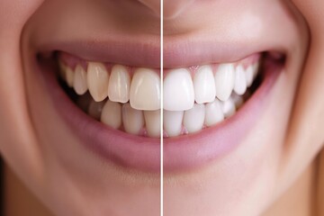 Close-up of a woman's teeth before and after whitening