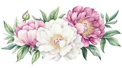 Obraz premium Watercolor bouquet of peonies featuring a blend of pink and white flowers alongside green leaves isolated on a white background Perfect for greeting cards wedding invitations and fabric designs
