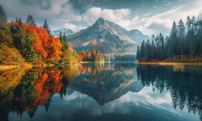 a dome mountain surrounded by autumn foliage and a reflective lake