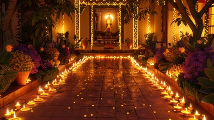 Fototapeta premium Diwali candles illuminating a pathway leading to a decorated home