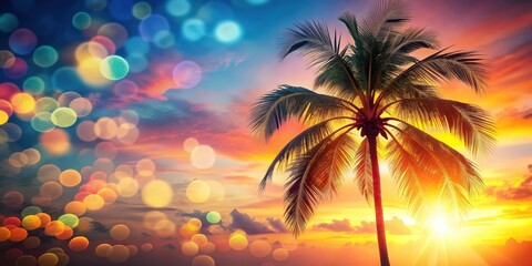 Tropical palm tree with colorful bokeh sun light on sunset sky cloud abstract background, palm tree, tropical, colorful, bokeh