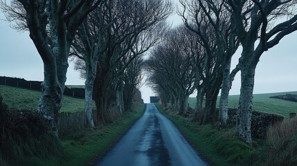 Obraz premium The iconic Dark Hedges, with ancient, twisted beech trees arching over a narrow country road, creating a natural tunnel of branches.