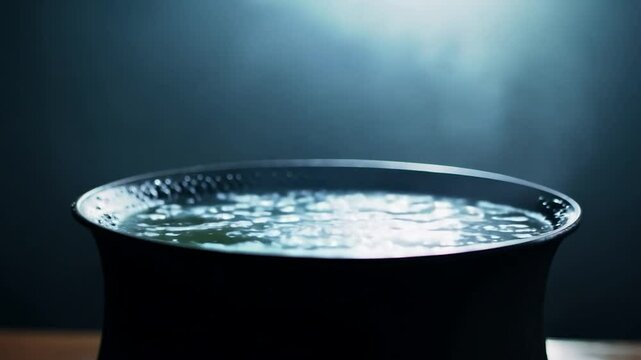 Black cauldron boils water, releasing steam, evoking ancient rituals and sorcery for halloween designs