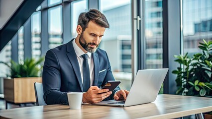 Fototapeta premium Professional businessman sitting at desk in modern office, typing on laptop and looking at smartphone, symbolizing online business and executive tasks.