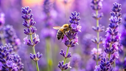 A bee pollinating on lavender flowers in a field of purple blooms, bee, lavender, field, purple, flowers, nature