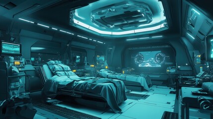 Obraz premium Futuristic Medical Tent: Treating Soldiers Injured by AI Weapons in War Zone