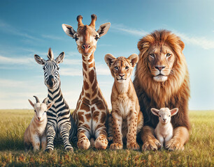 A group of African animals sitting in a field