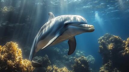 Fototapeta premium A dolphin swims through the blue water, sunlight beams through the surface and illuminates the dolphin, with coral reefs in the background.