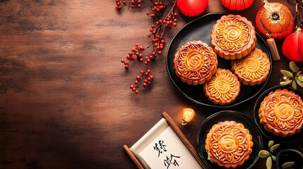 Elegant table setting featuring delicious mooncakes decorative lanterns and a calligraphic scroll celebrating the traditional Mid Autumn Festival in Chinese culture