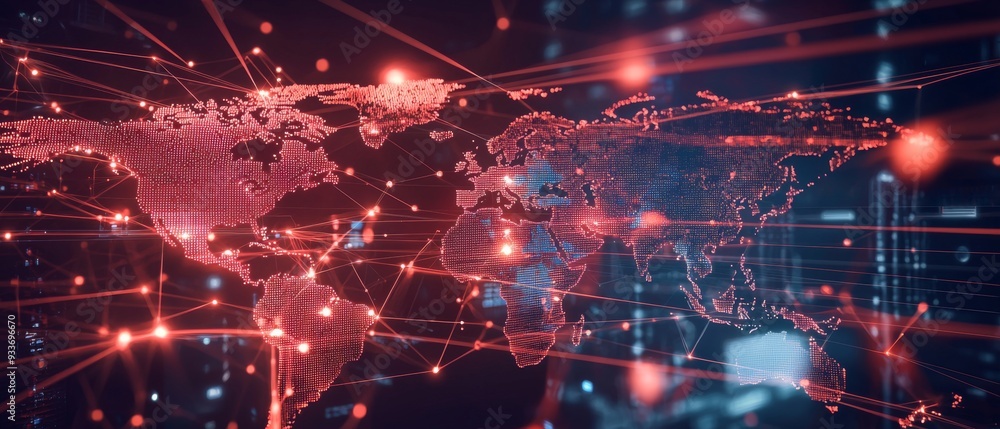 Poster global network connection world map with red lines and dots