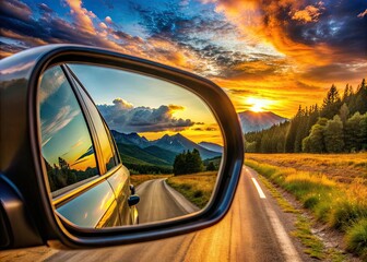 Rearview mirror's reflective glass captures a blurred, dreamy landscape, symbolizing the passage of time, nostalgia, and self-reflection on life's journey and cherished memories.