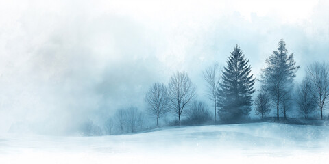 Fototapeta premium Misty winter landscape with bare trees and evergreens against a pale sky, creating a tranquil, atmospheric scene that conveys solitude and cold. The image offers ample copy space.