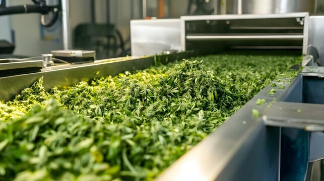 A photograph of a modern cannabis processing facility located on a farm where harvested cannabis is being carefully trimmed processed and prepared for distribution to the legal market