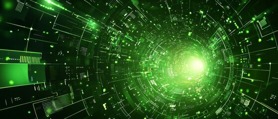 Obraz premium Abstract Green Digital Tunnel with Glowing Lights