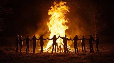 Fototapeta premium A group of people holding hands around a large bonfire at night